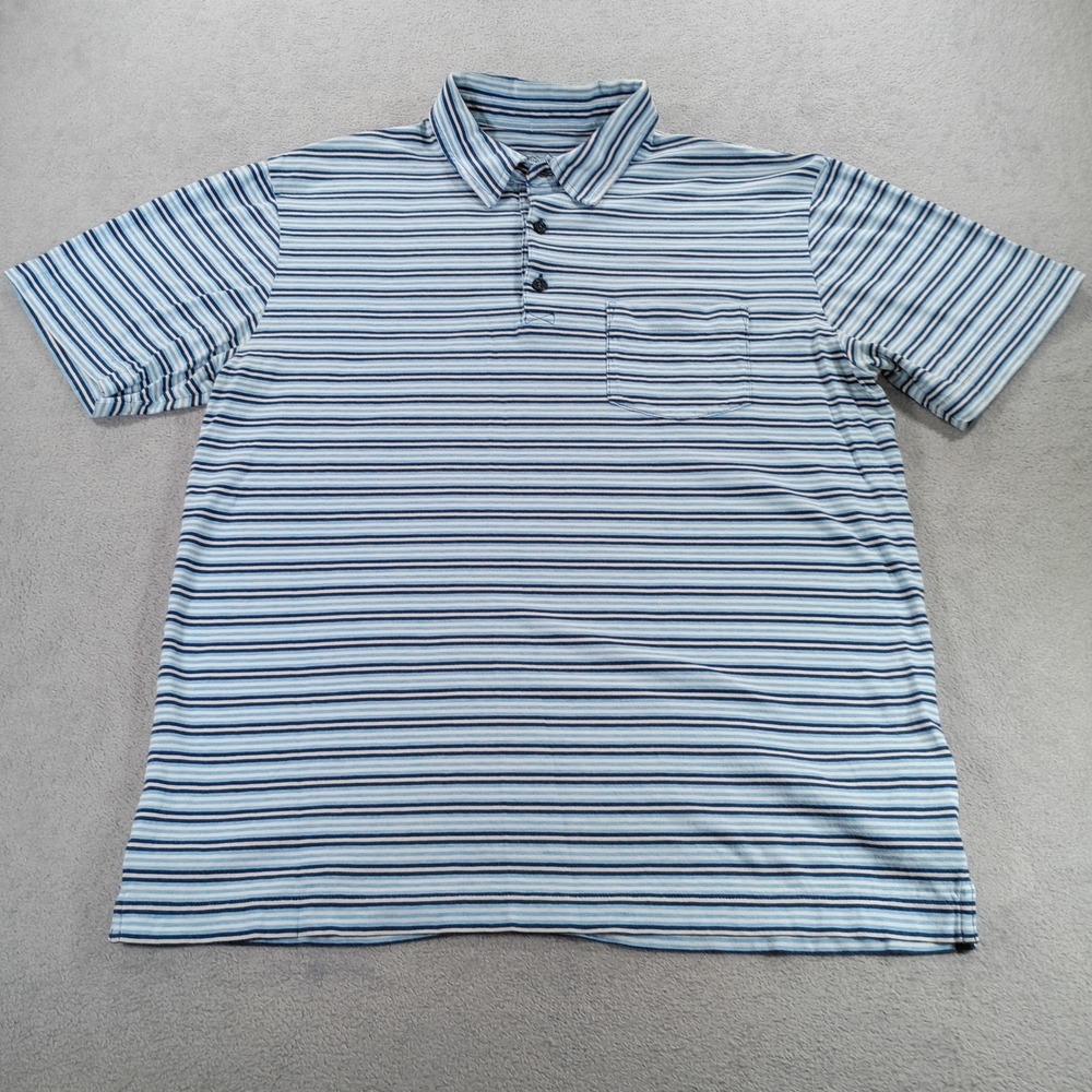 Patagonia Mens Polo Shirt Blue Striped Medium Organic Cotton Pocket
